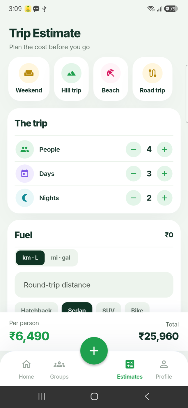 Trip estimator screen